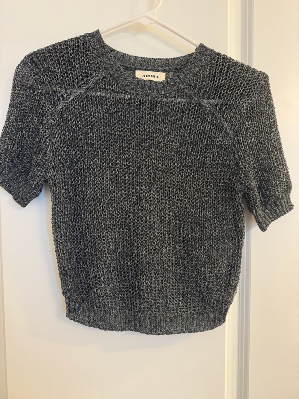 Black & Gray Marled Open Knit Top, Structured Shoulder, Chic Layering Sweater